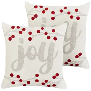 Set of 2 Cushions PRALINE Velvet 45 x 45 cm Text Embroidery White