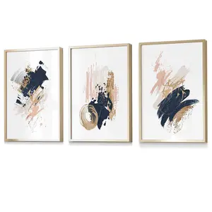 Set of 3 Navy, Pink and Gold Prints of Abstract Oil Paintings Wall Art Prints / 42x59cm (A2) / Gold Frame