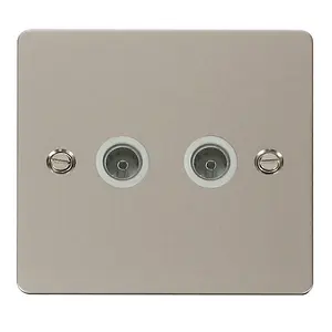 Flat Plate Pearl Nickel 2 Gang Twin Coaxial TV Socket - White Trim - SE Home