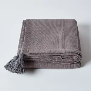 Homescapes Cotton Rajput Ribbed Sea Grey Throw, 255 x 360 cm