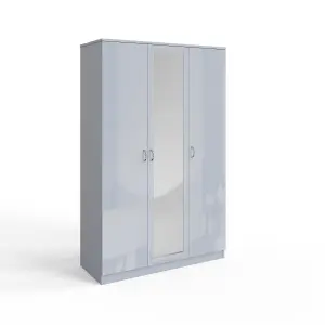 3 Door Triple Mirrored Wardrobe Grey Gloss Scratch Resistant Bedroom Furniture