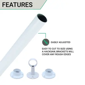 EAI - Wardrobe Rail Kit - 25mm Tube - 2500mm Rail with 2x End Sockets & 1x Centre Brackets - White