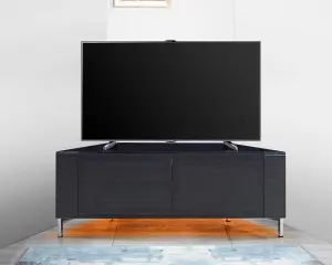 MDA Designs CORVUS Corner-Friendly Black Cabinet with BeamThru Glass Doors for Flat Screen TVs up to 50" with LED Lights