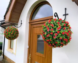 Best Artificial 38cm Red Lily Hanging Basket Flower Topiary Ball - Suitable for Outdoor Use - Weather & Fade Resistant