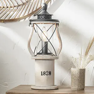 Retro White Washed Wooden Lantern Table Lamp