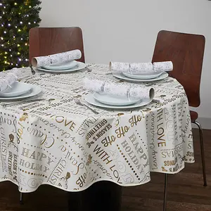 Celebright Festive Christmas PVC Tablecloth - 70in Round - Joyful Holiday Expressions Gold