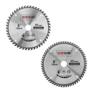 2x Saxton TCT Circular Saw Blades 150mm x 20mm bore 48 & 60 teeth + 16mm and 10mm Ring Compatible with Ryobi Bosch Makita Dewalt