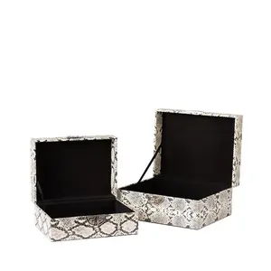 26cm Black and White Faux Leather Storage Box Set with Chrome Geometric Clasps, Decoration Box (Set of 2)