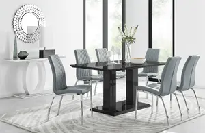 Imperia Black High Gloss 6 Seater Dining Table with Structural 2 Plinth Column Legs 6 Grey Stitched Faux Leather Isco Chairs