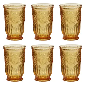 Set of 6 Luxury Embossed Yellow Tall Drinking Glass Tumblers 330ml