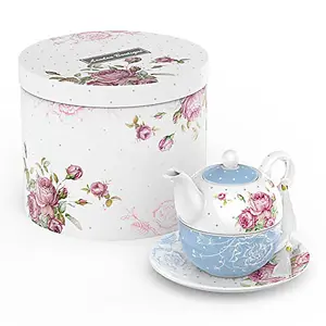 London Boutique Tea for One Teapot Teacup Saucer Set Afternoon Tea Set for 1 New Bone China  (Blue)