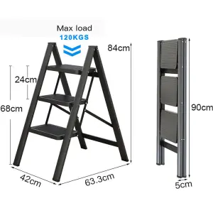 Black 3 Step Ladder Folding Metal Non Slip Stool Heavy Duty Carbon Steel