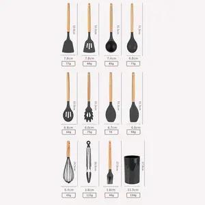 Cooking Utensils Set With Holder Silicone Kitchen Utensils Set,12 Pcs Wooden Handles, Kitchen Spatula Set Non-Stick