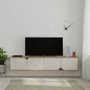 Decortie Spark Modern TV Unit Multimedia Centre with Storage Cabinet Dark Oak Gold Marble Effect 180cm Width