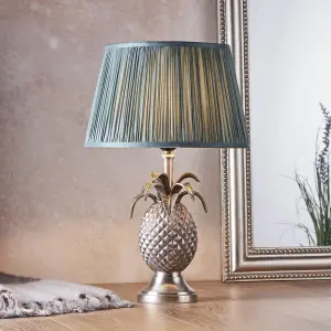 Table Lamp Pewter Plate & Fir Silk 60W E27 Bedside Light Base & Shade