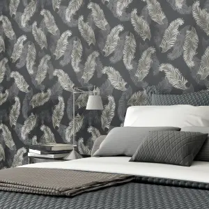 Hoopla Walls Black Feathers Smooth Matt Wallpaper