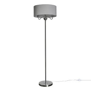 ValueLights Rocha Brushed Chrome 3 Way Multi Arm Floor Lamp with Grey Linen Slimline Drum Shade with LED Bulb