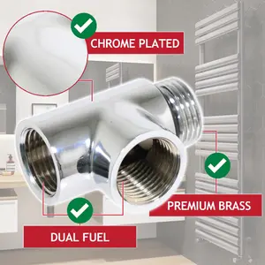 SPARES2GO Dual Fuel T Piece Towel Radiator Heating Element Connector Valve Adaptor (G1/2", Chrome)
