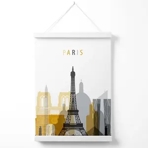 Paris Yellow and Grey City Skyline Poster with Hanger / 33cm / White