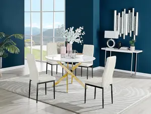 Furniturebox UK Novara White Gloss Gold Leg 120cm Round Dining Table & 4 Cream Velvet Milan Black Leg Chairs