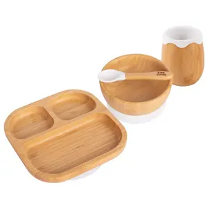 Tiny Dining - Divided Bamboo Suction Baby Feeding Set - White - 4pc