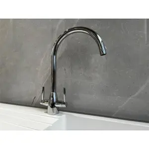 Liquida LT03CH Monobloc Swan Neck Twin Lever Chrome Kitchen Mixer Tap