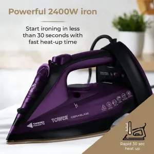 Tower T22008 CeraGlide Cordless Steam Iron, 2400W, 360ml Water Tank - Purple