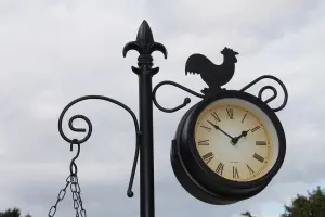 Cockeral Design Garden Clock and Thermometer With Hanging Basket and Stand for Outdoor or Indoor Use.