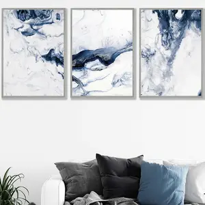 Set of 3 Navy Blue Abstract Ocean Waves Wall Art Prints / 50x70cm / Light Grey Frame