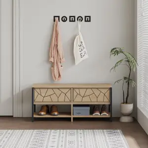 Decortie Modern Inola Shoe Bench Oak Natural Engineered Wood Geometric Laser-Cut Shape 2-Door Cupboard 105(W)cm Metal Legs Hallway