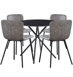 Hallowood Furniture Cullompton Small Black Round Dining Table 90cm with 4 Grey Leather Effect Chairs