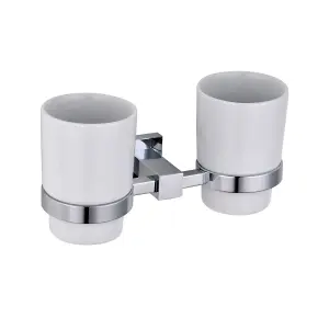 Nes Home Chromed Brass Bathroom Accessory Double Ceramic Tumbler and Toothbrush Holder