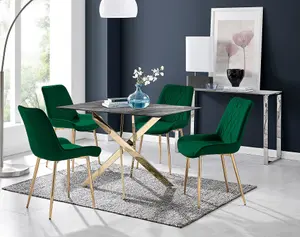 Furniturebox UK Leonardo Grey Glass Marble Effect Gold Leg Table & 4 Green Pesaro Gold Leg Chairs