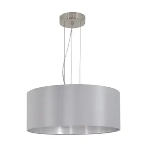 Pendant Ceiling Light Colour Satin Nickel Steel Shade Grey Silver Fabric Bulb E27 3x60W