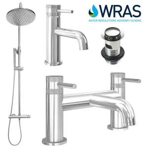 Thermostatic Shower, Basin Tap & Bath Filler Including Basin Waste Solid Brass - Chrome