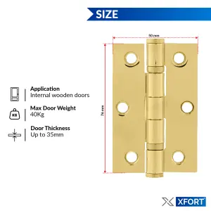 XFORT 3 Inch (75mm) Polished Brass Ball Bearing Hinges, Steel Door Hinge for Wooden Doors (1.5 Pairs)