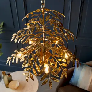 Gold Ceiling Pendant Light Decorative Leaf Design 5 Bulb Hanging Lamp Fitting