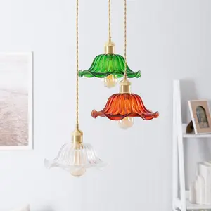 ValueLights Cassia Gold Hanging Triple Ceiling Pendant Light with Multi Coloured Frill Flower Glass Lampshades - Bulbs Included