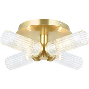 Semi Flush Ceiling Light & 2x Matching Wall Lights - Satin Brass Clear Ribbed Cylinder Shades