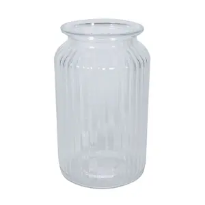 Tall Clear Ribbed Glass Jar Vase, Ideal for Small Bouquets. Height 18.5 cm