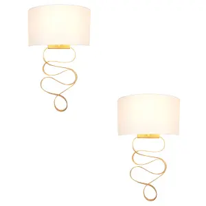 2 PACK Hammered Gold Leaf Ribbon Wall Light & Ivory Half Shade - Dimmable