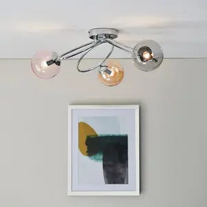 Semi Flush Multi Arm Ceiling Light - Chrome Plated - Pink Grey & Champagne Glass