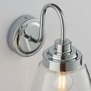 IP44 Bathroom Wall Light Chrome & Domed Clear Glass Modern Curved Arm Oval Lamp