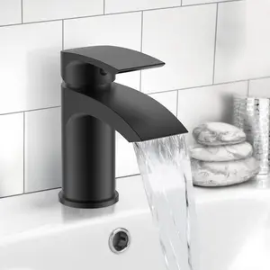 Nes Home Round Matte Black Waterfall Basin Mixer and Bath Mixer Taps with Waste