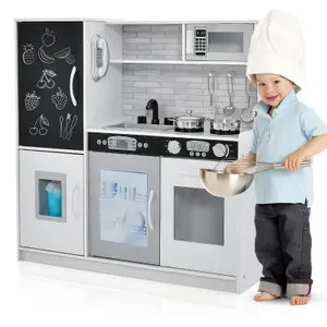 Costway Wooden Play Kitchen Kids Pretend Play Toy w/ Blackboard & Phone & Microwave