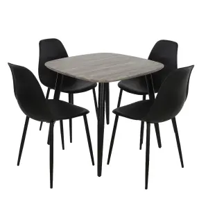 Core Products Aspen Grey Oak Effect 80cm Square Dining Table with 4 Black Plastic Curve Design Chairs