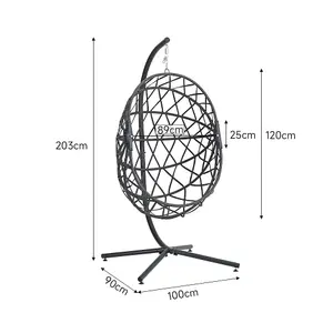 Dark Grey Foldable 1 Seater Rattan Egg Swing Chair Garden Relaxing Hanging Chair with Metal Stand and Cushion