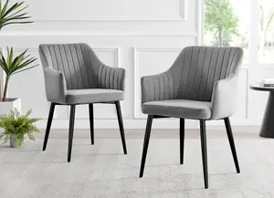 Set of 2 Calla Elephant Grey Deep Padded High Arm Soft Touch Stitched Velvet Black Powder Coated Leg Dining Chairs