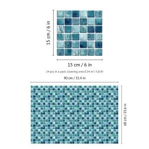 Walplus Mother Pearl Turquoise Jewel Mosaic Wall Tile Sticker Set - 15cm (6inch) - 24pcs One Pack