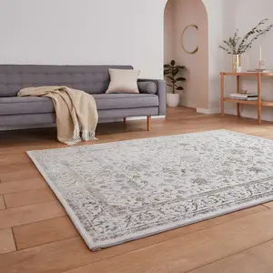 Gold Grey Abstract Bordered 8mm Pile Rug for Bedroom, Living, Dining Room, Easy to Clean Traditional Rug-160cm X 230cm